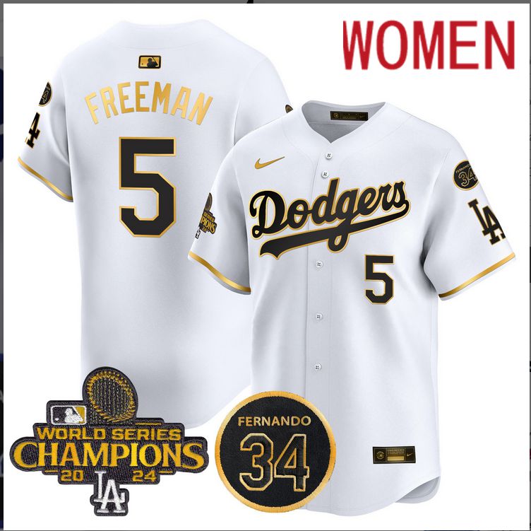 Women MLB Los Angeles Dodgers 5 Freeman white 2024 World Series Champions Patch Limited Jersey style 4